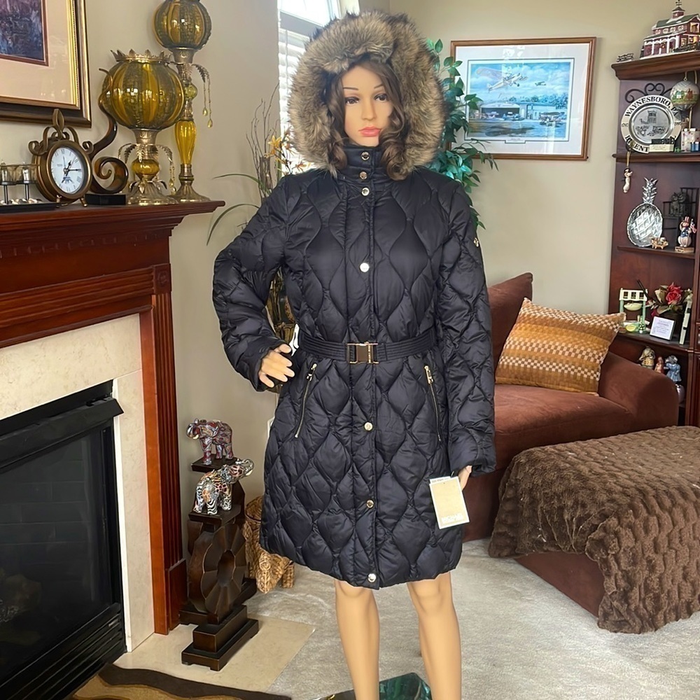 Brand New Michael Kors Black Down Alternative Zippered Faux Fur Hooded Belt Coat